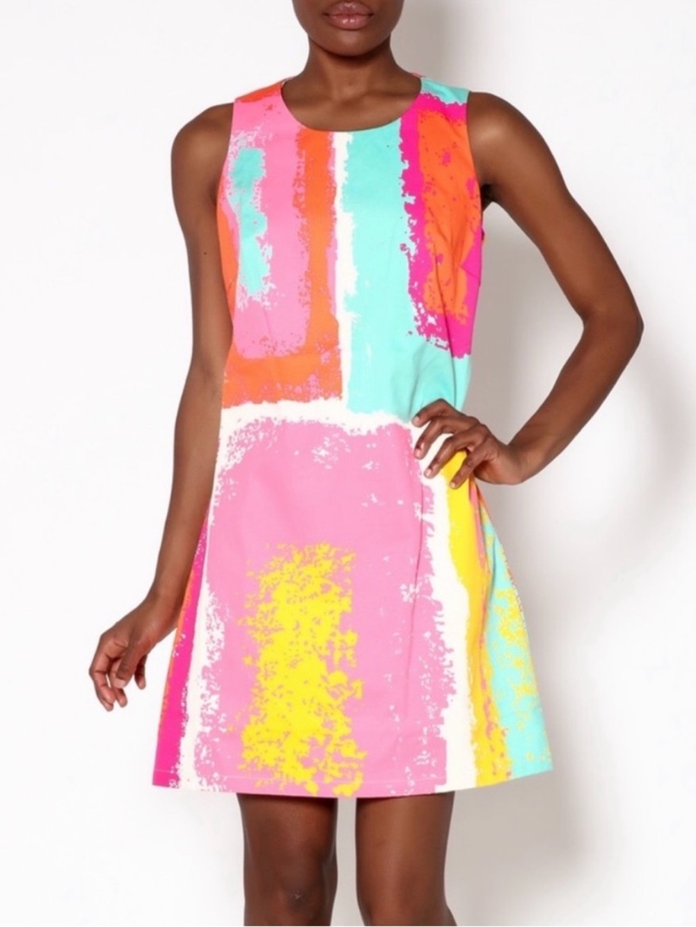 Julie Brown NYC Colorblock Dress Pink Orange Yellow Blue Shift Dress Small S